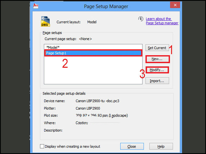 Tạo Page Setup mới trong hộp thoại Page Setup Manager 